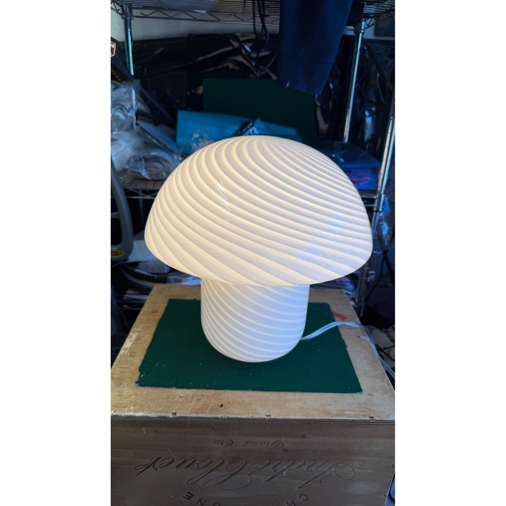 CB2 White Swirl Glass Mushroom Table Lamp Mid Century Modern Style F20097T 12"